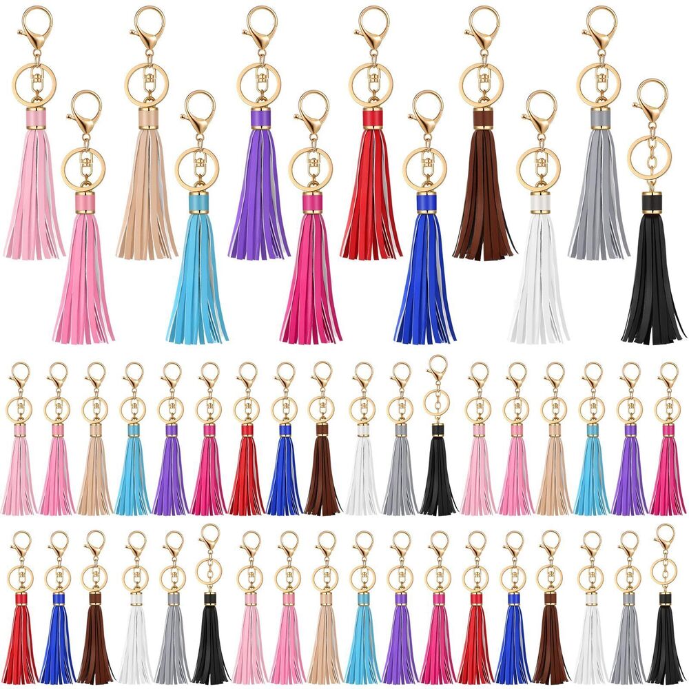 2717 48 Pieces Leather Tassels Keychain Key Rings Circle PU Leather Tassel